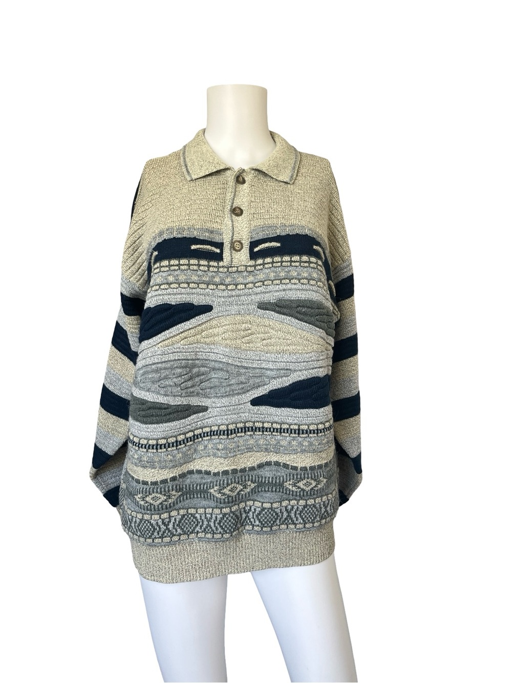 Vintage 3D Knit Sweater Gray Blue Wool Feel Adult Textured Size XL